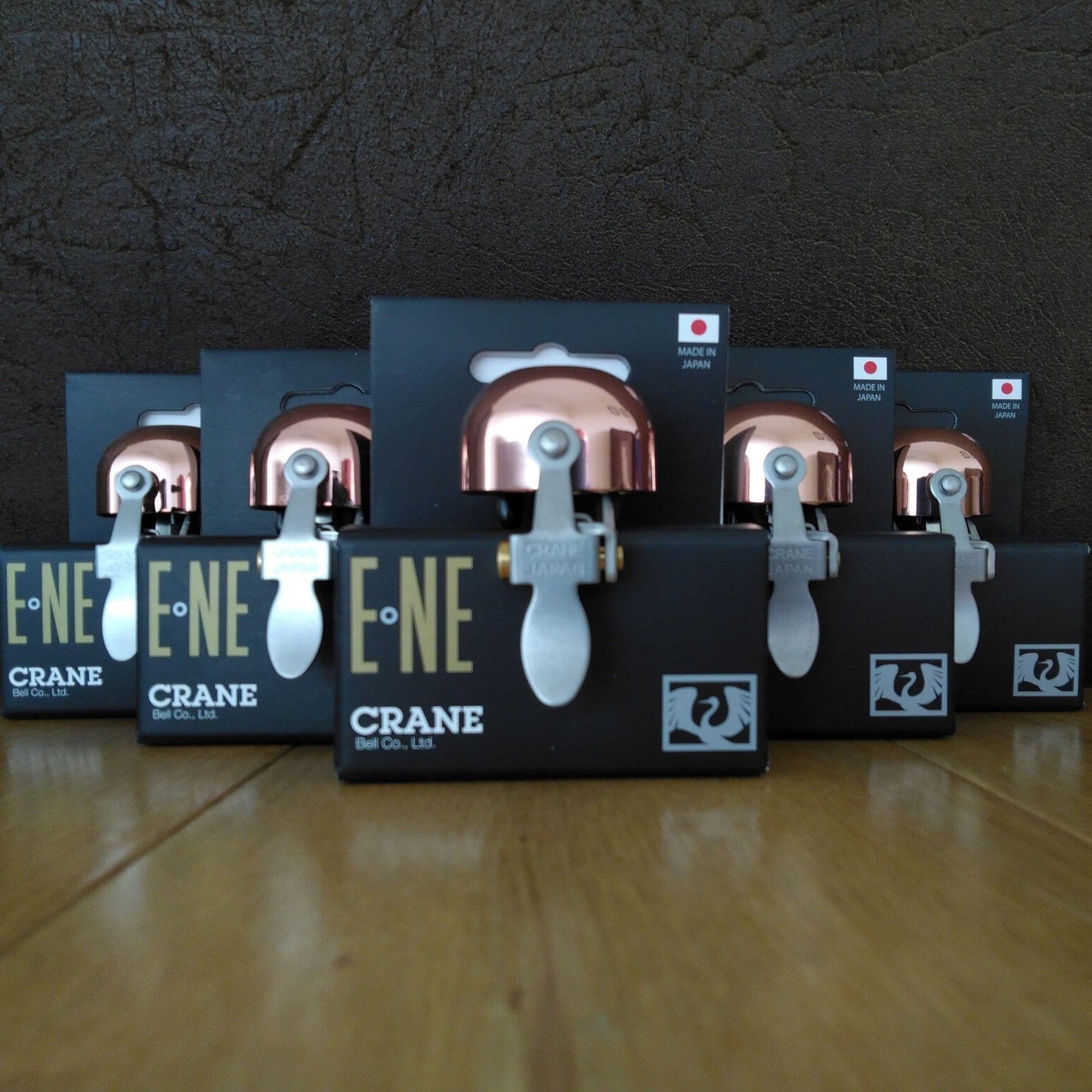 Collection of Copper Crane E-NE bicycle Bells in retail boxes