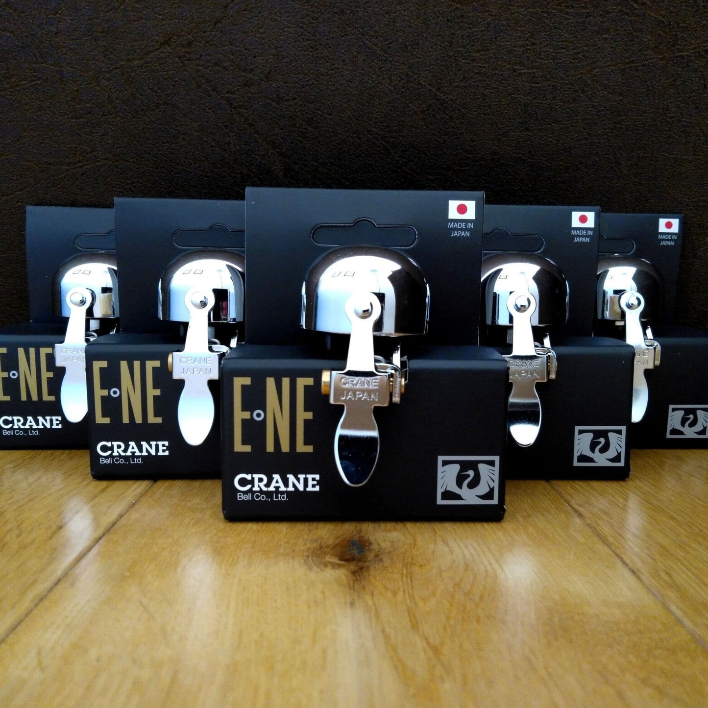 Crane All Chrome E-NE bike bells in packaging