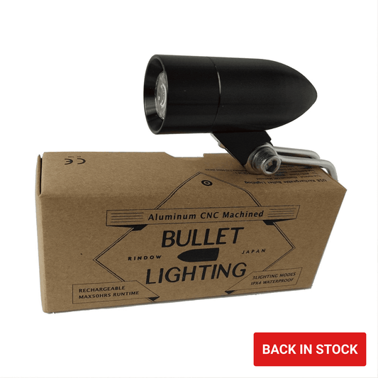 Rindow Bullet Lighting black front bike light shown with retail box